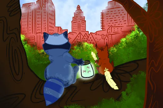 Rusty and Squeaks looking out over a glowing jar of fireflies with the city skyline in the distance